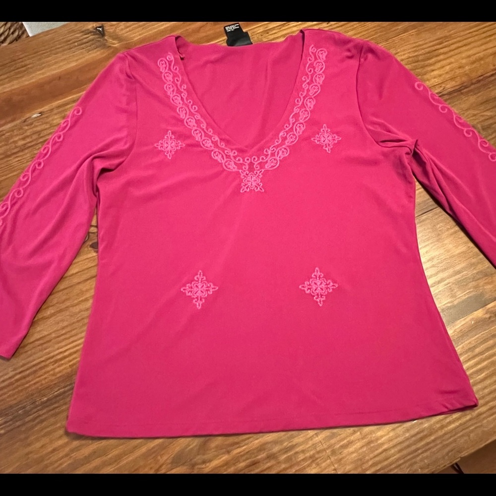 INC blouse with embroidery on the front and sleeves. Size L.